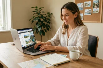 Femme planifiant un séjour méditerranéen sur mesure depuis son bureau à domicile grâce à un site de voyage en ligne