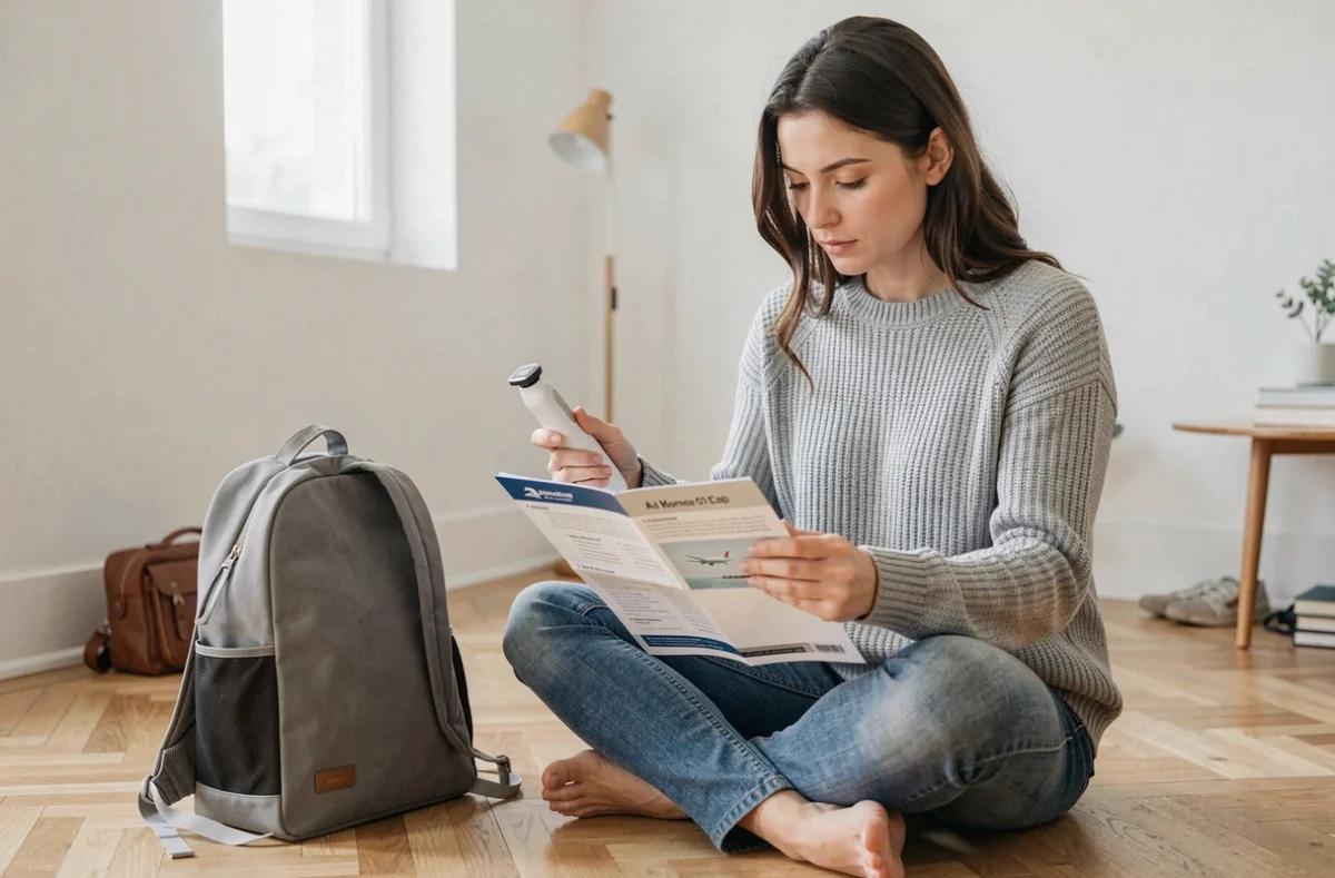 Femme vérifiant les règles de voyage avec un rasoir électrique avant de préparer son bagage cabine