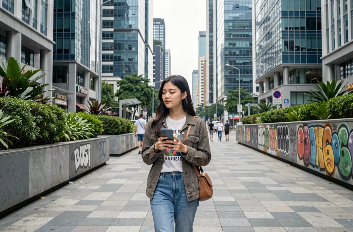 Femme voyageant seule dans le quartier moderne de BGC Bonifacio Global City à Manille, marchant en sécurité sur un boulevard contemporain