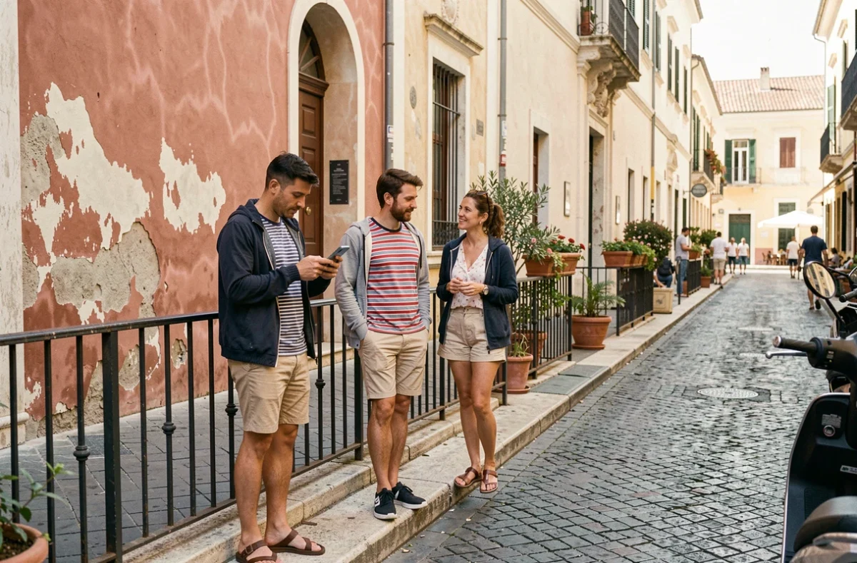 Groupe de touristes faisant la queue devant le Palais des Normands à Palerme avec réservation sur smartphone