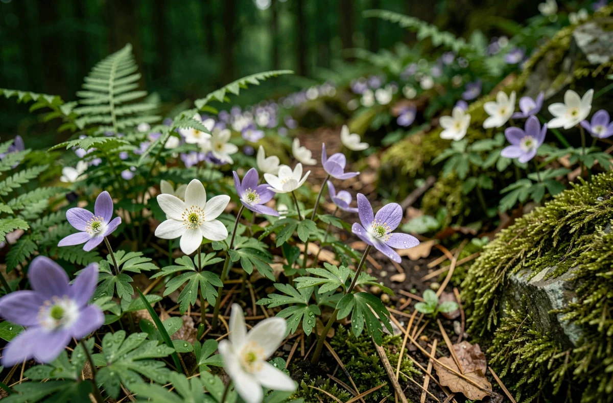 Fleurs sauvages printanières et anémones dans la forêt des Vosges du Nord en Alsace Bas-Rhin
