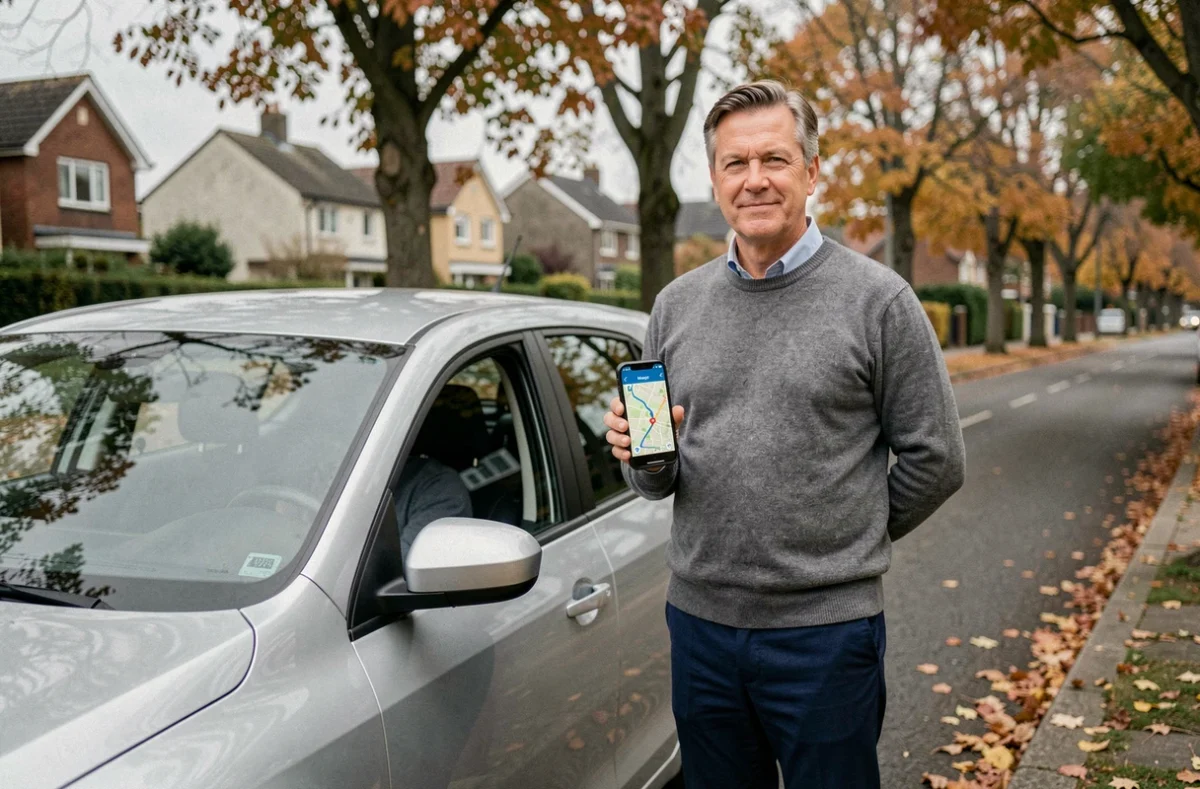 Homme consultant Mappy sur smartphone pour planifier un trajet en voiture