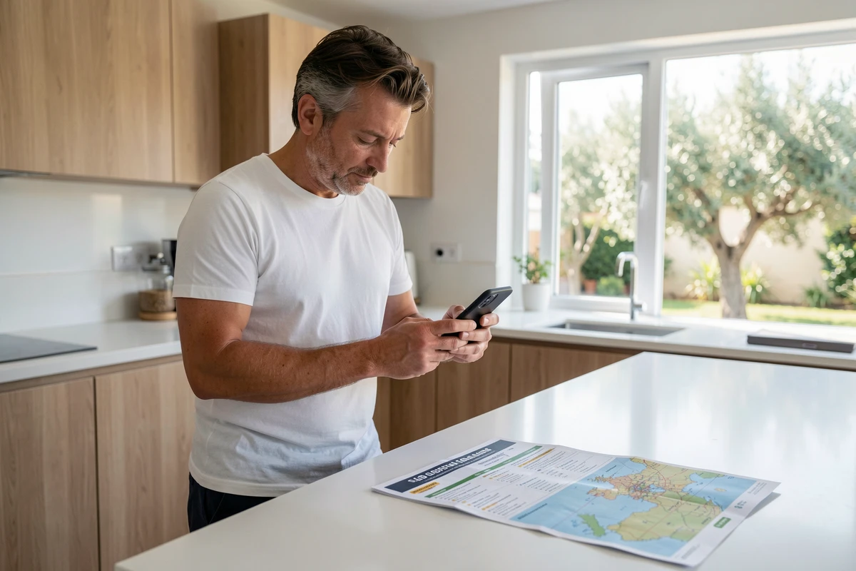 Homme consultant un site de voyage sur smartphone pour préparer un itinéraire méditerranéen personnalisé depuis sa cuisine