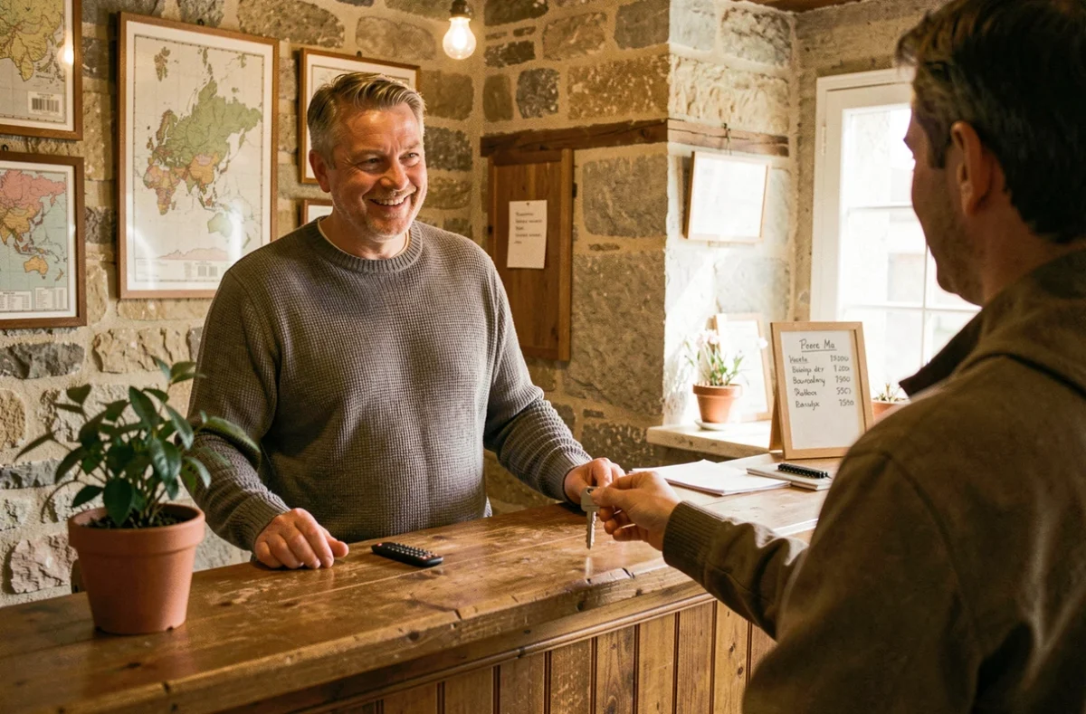 Réception d'un petit hôtel de village français avec tarifs affichés et accueil chaleureux hors saison touristique