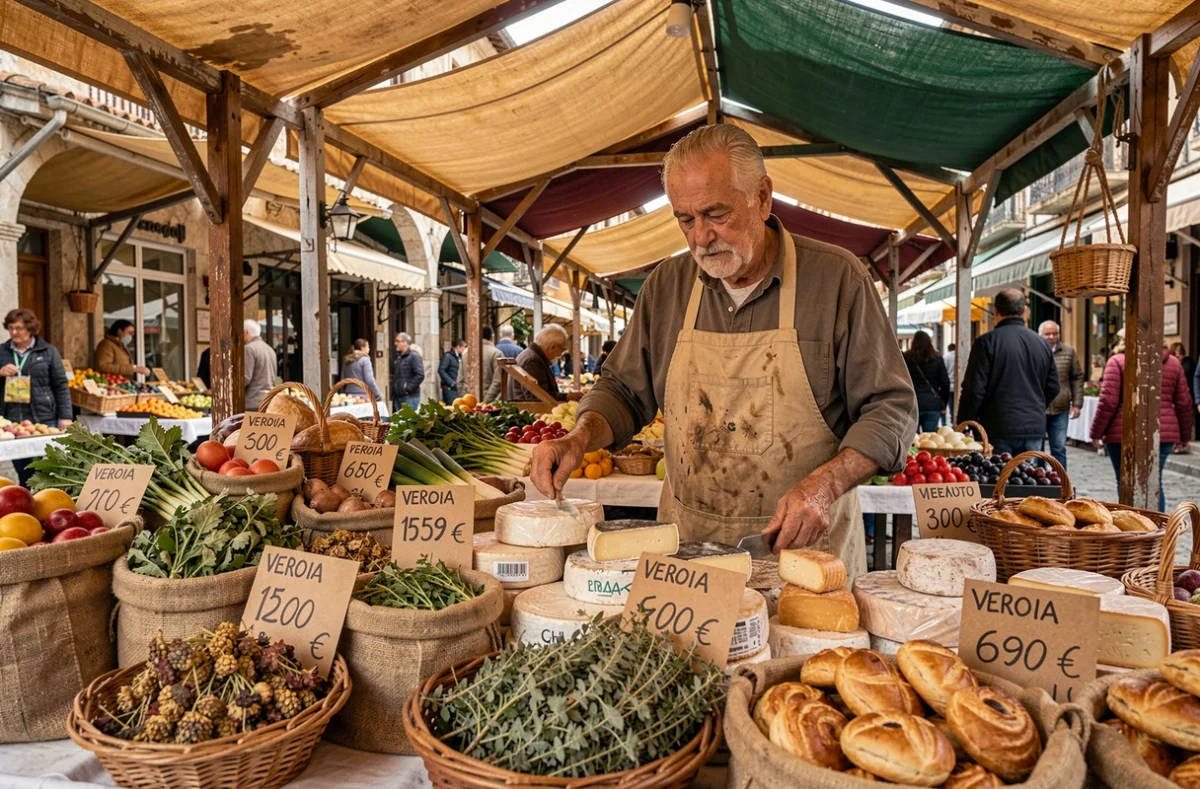 Marché local en Macédoine grecque avec étals de produits frais et prix en euros pour les voyageurs
