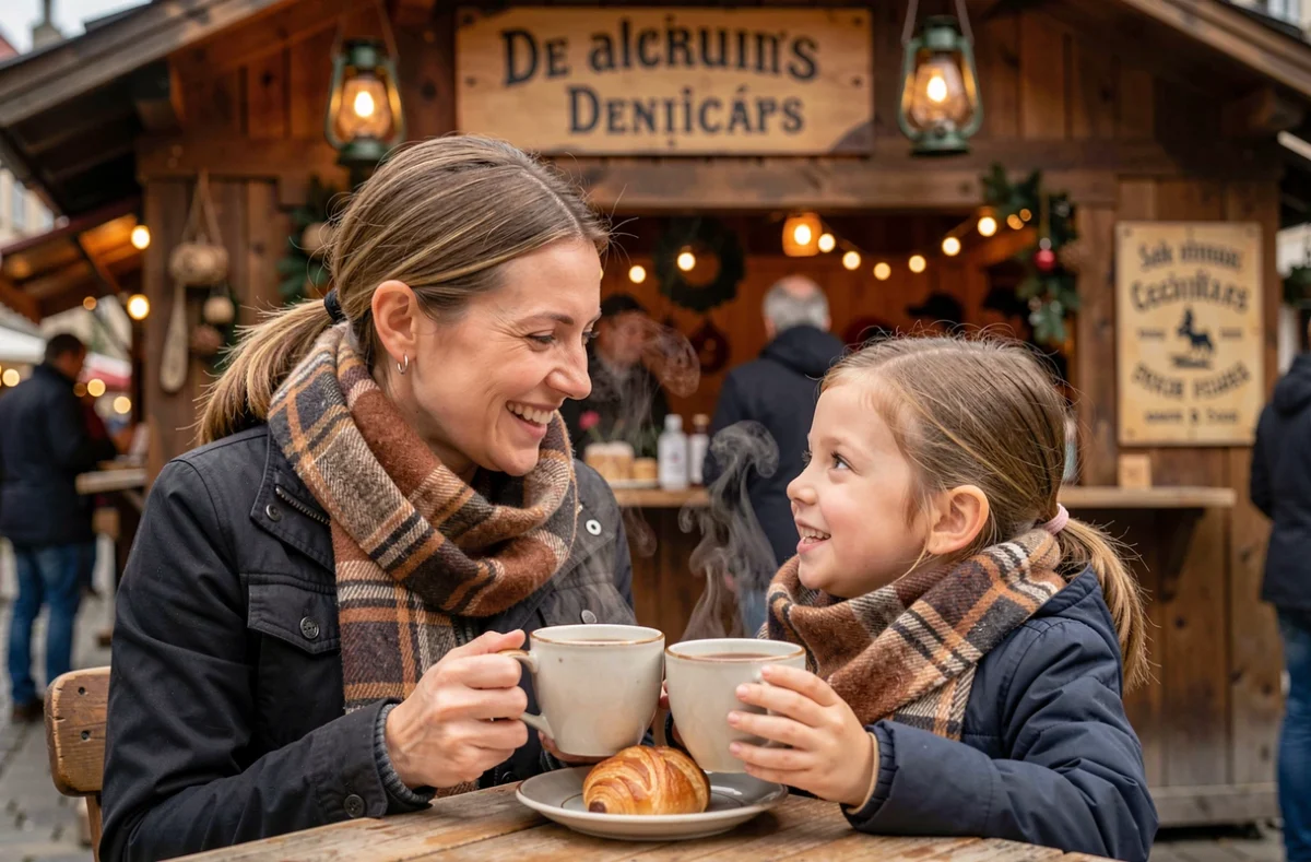 Mère et fille dégustant un vin chaud au marché de Nouvel An de Strasbourg avec des chalets alsaciens en arrière-plan