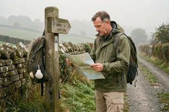 Pèlerin consultant une carte papier devant un poteau indicateur sur le chemin de Compostelle en France