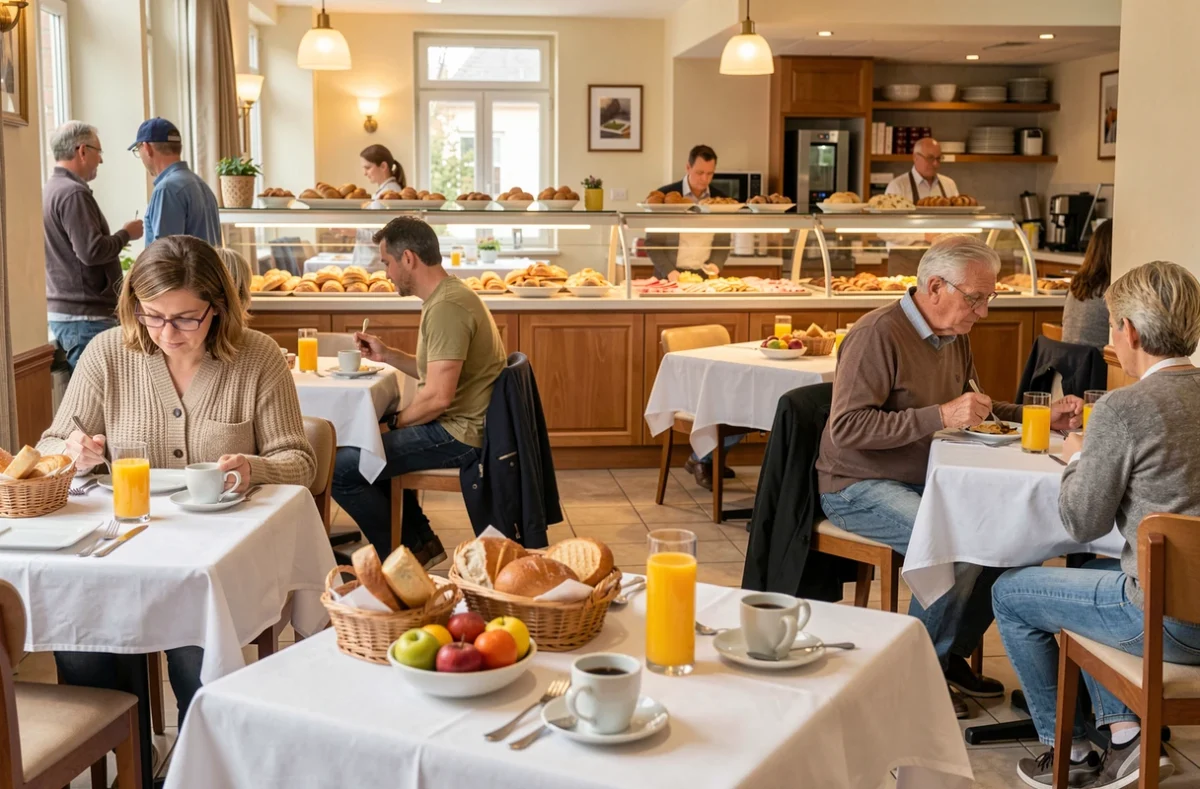 Salle du petit-déjeuner buffet de l'hôtel ibis à Fécamp avec tables dressées et buffet en libre-service