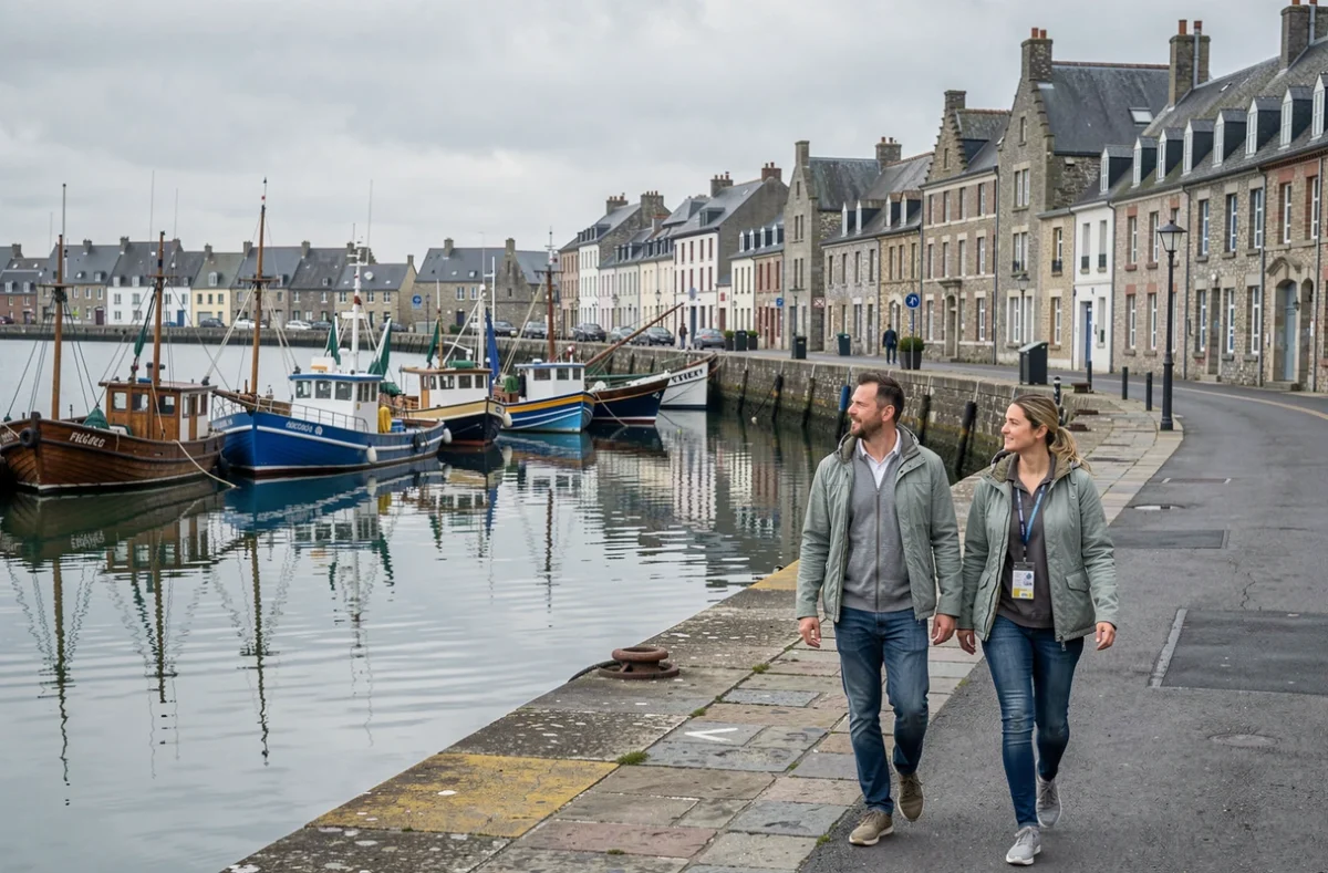 Vue sur le port de Fécamp en Normandie avec bateaux de pêche amarrés et bâtiments typiques en arrière-plan