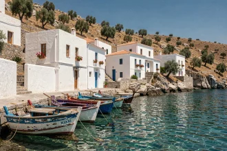 Petit port de pêche aux maisons blanches et bateaux colorés dans une île grecque entre Chalki et Symi