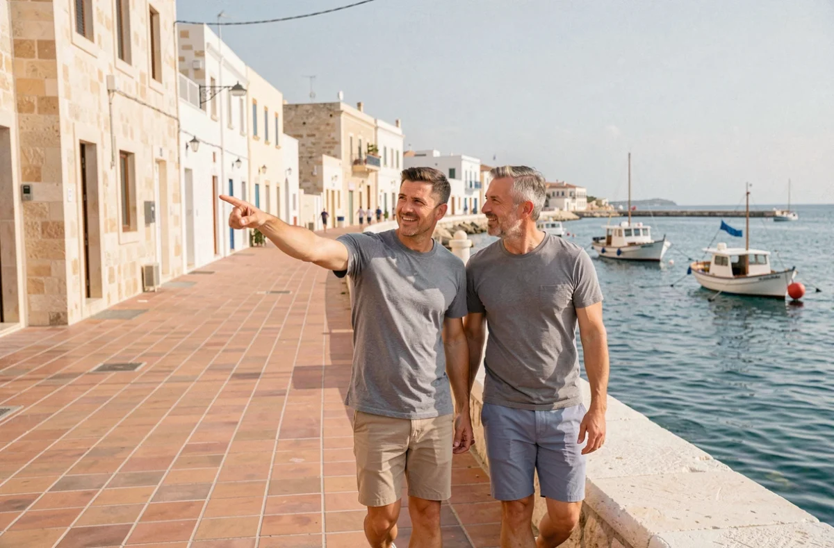 Couple en balade sur le front de mer de San Pawl il-Bahar avec des bateaux de pêche traditionnels maltais en arrière-plan