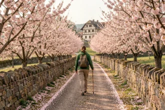Randonneuse sur un chemin fleuri entre les cerisiers en fleurs au printemps dans le Bas-Rhin en Alsace