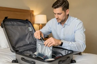 Homme rangeant un rasoir électrique dans un sac transparent pour bagage cabine dans une chambre d'hôtel