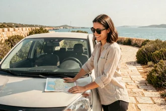 Voyageuse consultant une carte routière appuyée contre une voiture de location sur une route côtière maltaise près de San Pawl il-Bahar