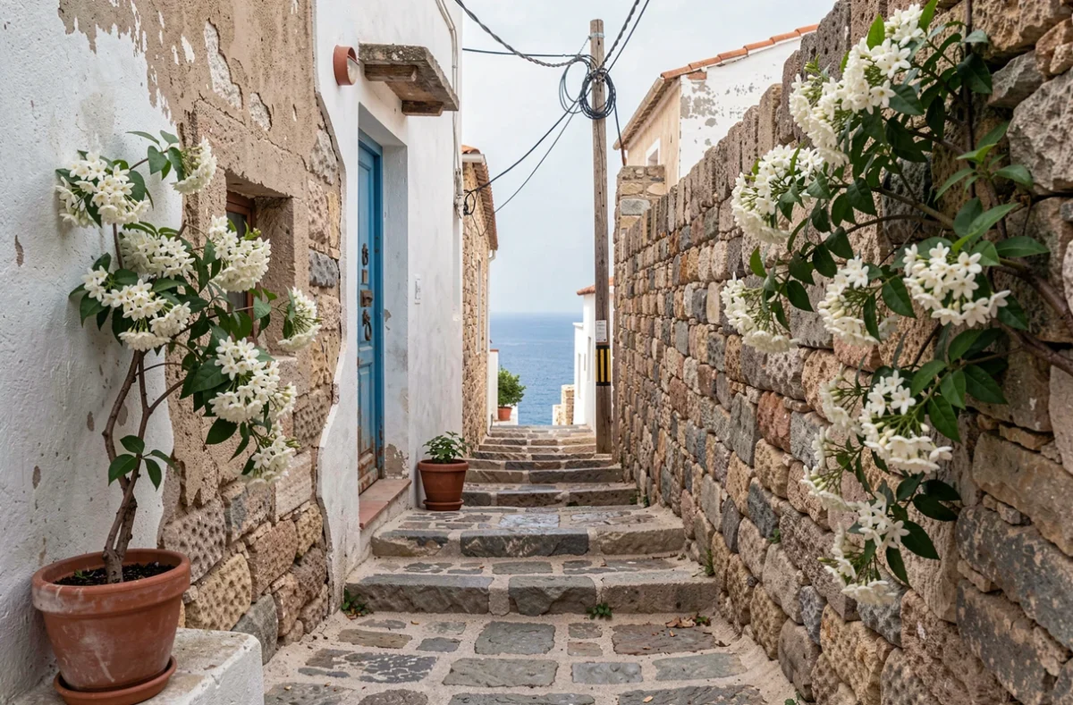 Ruelle pavée aux murs blancs et porte en bois bleue dans un village grec de l'île de Chalki ou Symi