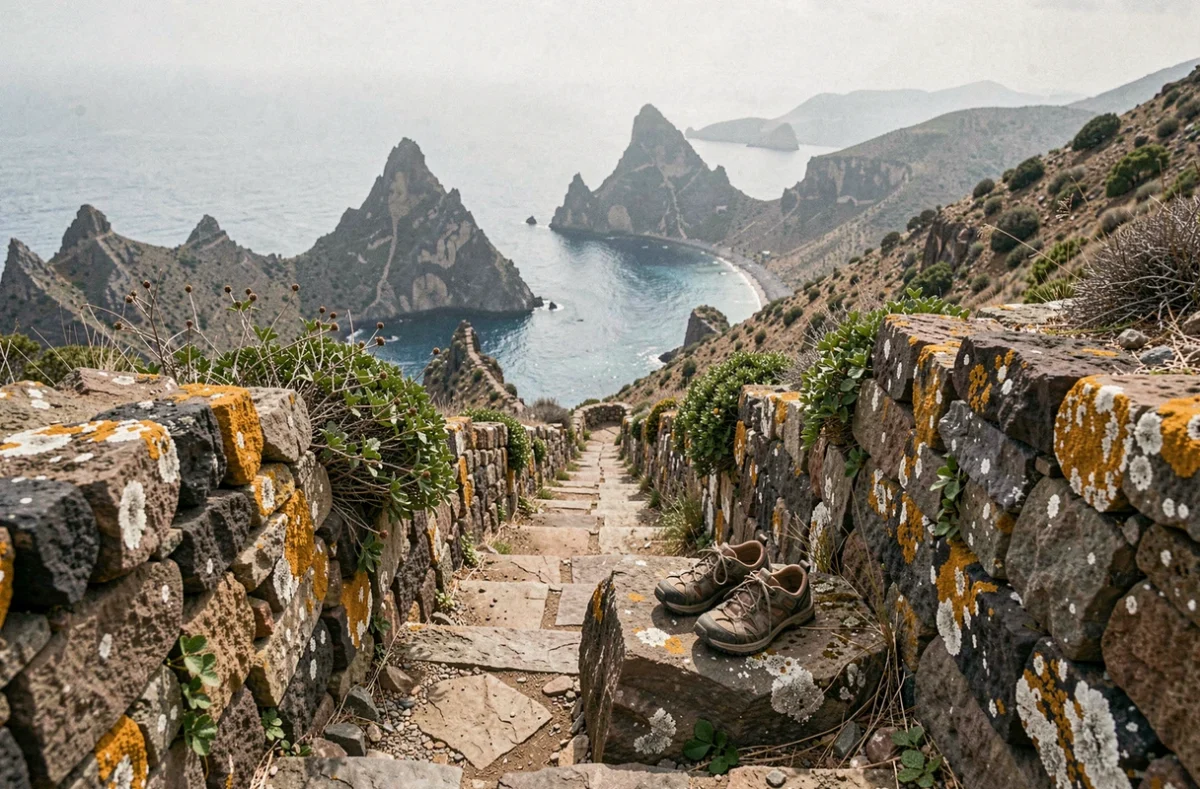 Sentier de pierre escarpé menant à une plage cachée sur l'île de Folégandros