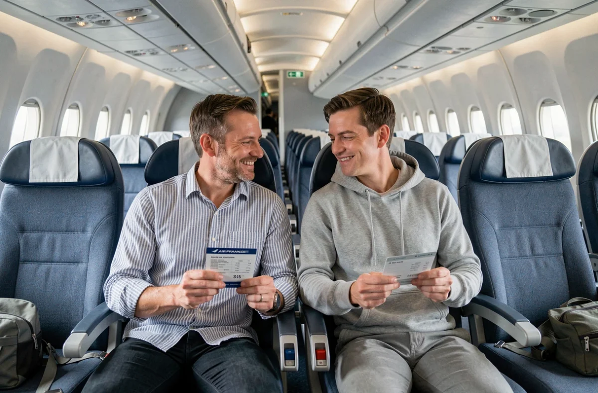 Couple installé dans leurs sièges assignés en cabine économique Air France avec leurs cartes d'embarquement