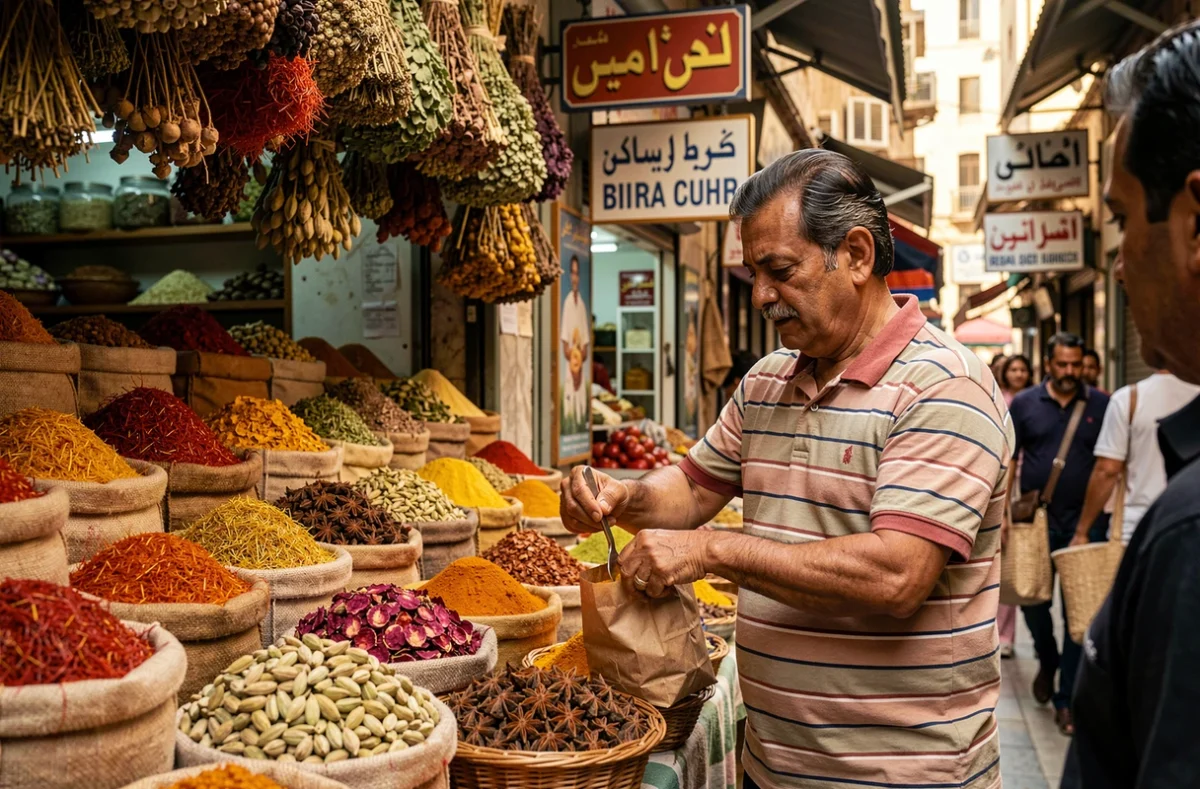 Souk aux épices de Deira à Dubaï avec des sacs de safran, cardamome et curcuma exposés dans une ruelle historique animée