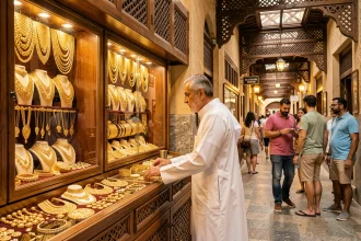 Marché de l'or de Deira à Dubaï avec un marchand en kandura blanc devant des vitrines de bijoux en or dans un souk historique couvert