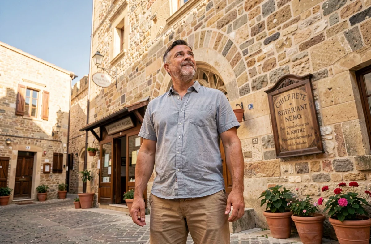 Touriste admirant l'architecture médiévale d'un village historique européen lors d'un voyage culturel économique en août