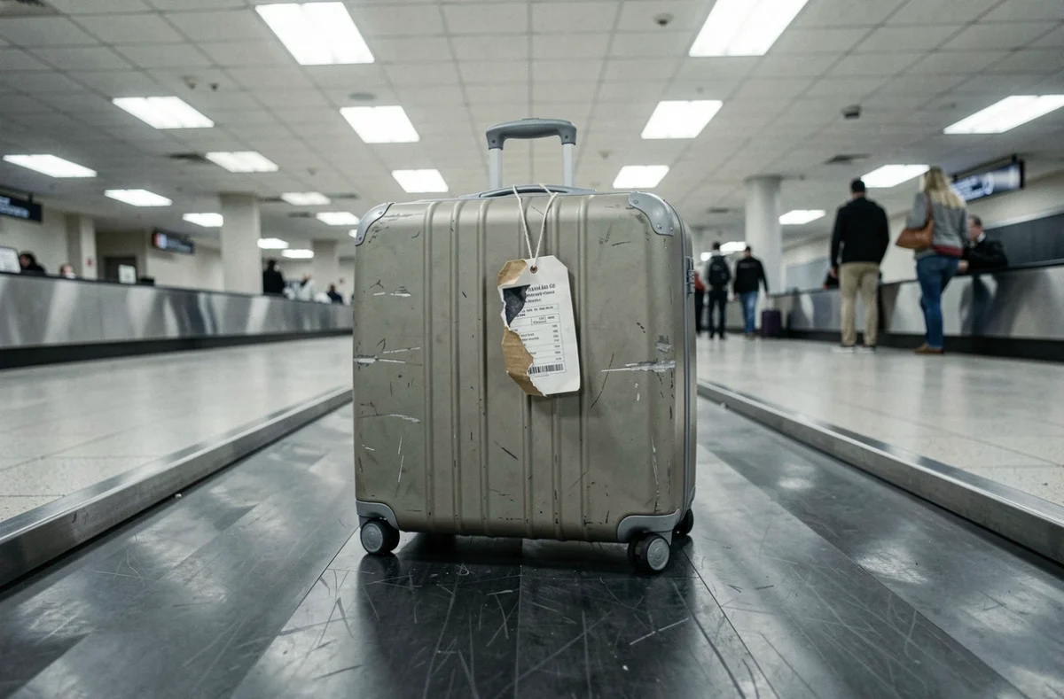 Valise perdue sur un tapis roulant d'aéroport avec étiquette bagage déchirée et illisible