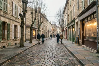 Rue pavée d'un village français calme hors saison avec des habitants en manteau d'hiver et terrasses de café vides