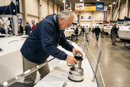 Visiteur examinant un voilier lors du Salon Nautique de Paris, détail du pont et des équipements