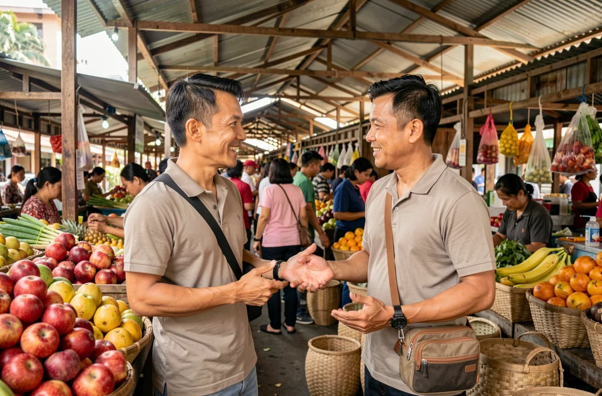 Voyageur solo masculin discutant avec un vendeur dans un marché traditionnel philippin à Manille, ambiance authentique et colorée