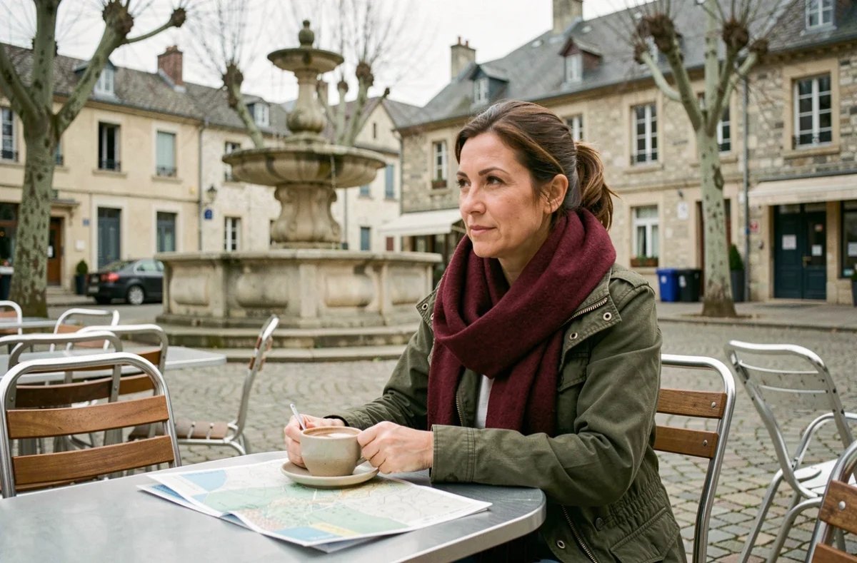 Femme voyageant seule à la terrasse d'un café de village en basse saison avec carte touristique et café chaud