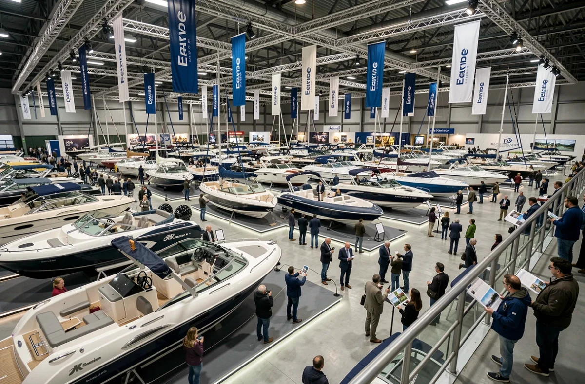 Vue panoramique du hall d'exposition du Salon du Nautisme de Paris avec bateaux et visiteurs
