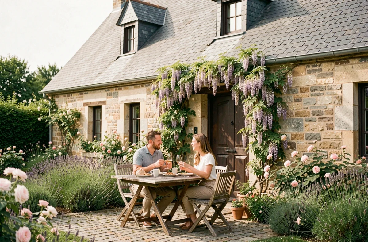 Le Cambolitain, gîte en pierre de la Sarthe avec jardin fleuri de lavande et de roses et terrasse en pavés