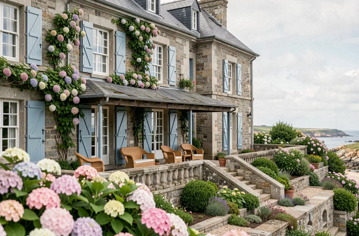 La façade en granit historique du Castel Beau Site à Perros-Guirec avec sa véranda et son jardin en terrasse