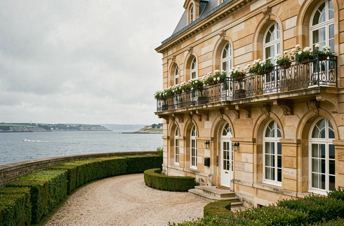 Façade élégante de l'hôtel Castelbrac à Dinard avec ses balcons en fer forgé et vue sur la Rance