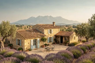 Vue panoramique d'une chambre d'hôtes en pierre typique de l'Occitanie entourée de lavande et d'oliviers