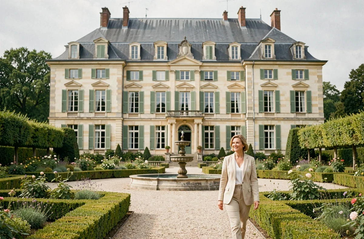 Le Château du Pé, manoir du XVIIIe siècle aux volets verts et au jardin à la française avec fontaine centrale