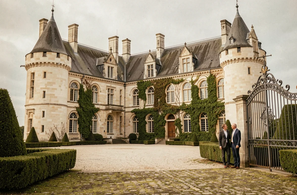 Façade majestueuse du Château Sainte Radegonde avec ses tours en tuffeau et sa cour gravillonnée entourée de buis taillés