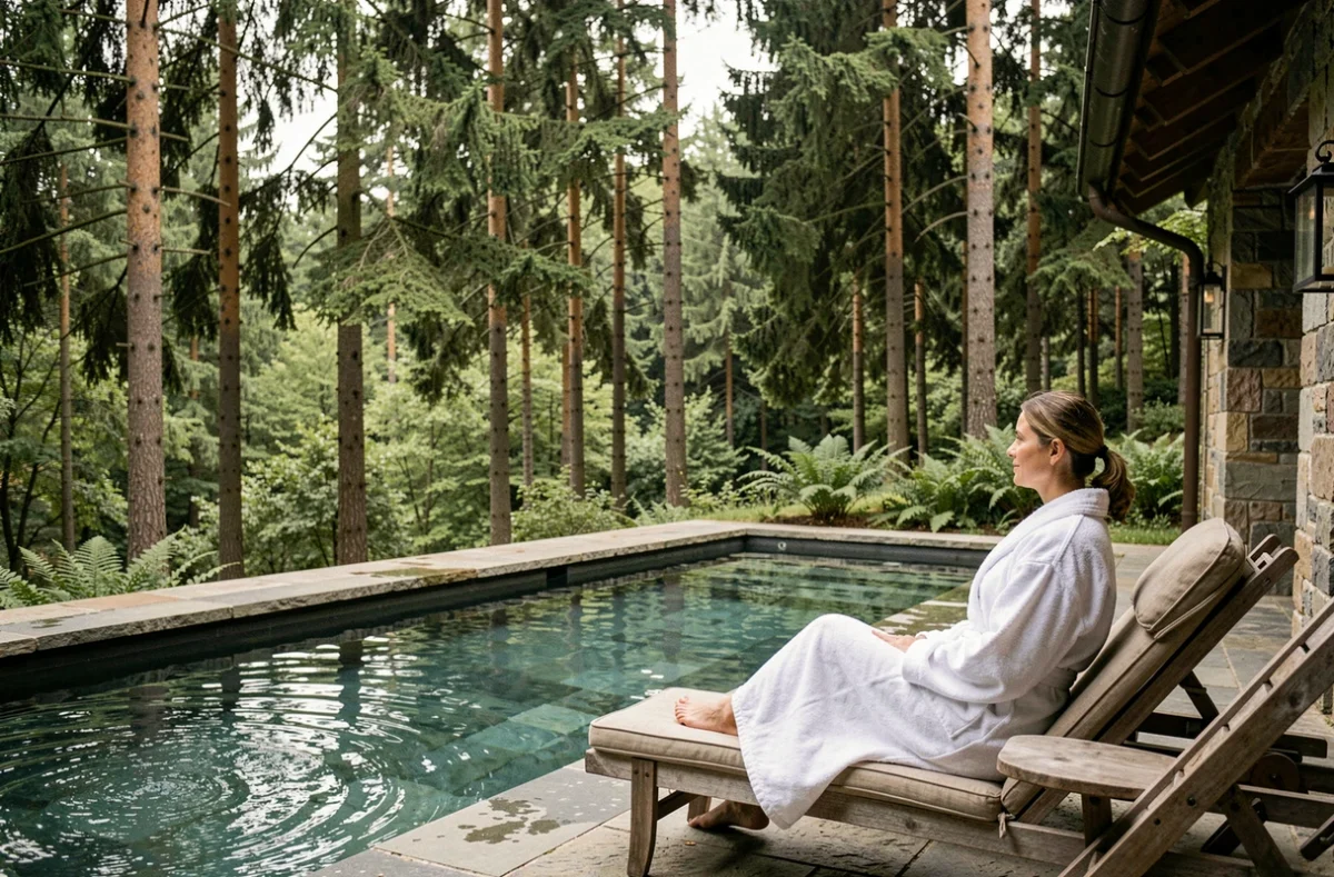 Terrasse spa avec piscine en pierre entourée de forêt au Clos des Délices à Ottrott