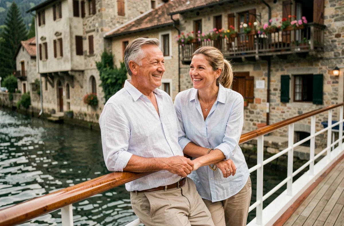 Couple profitant d'une croisière fluviale devant le village pittoresque de Chanaz