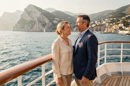 Couple élégant sur le pont avant d'un paquebot de luxe admirant une côte méditerranéenne lors d'une croisière haut de gamme