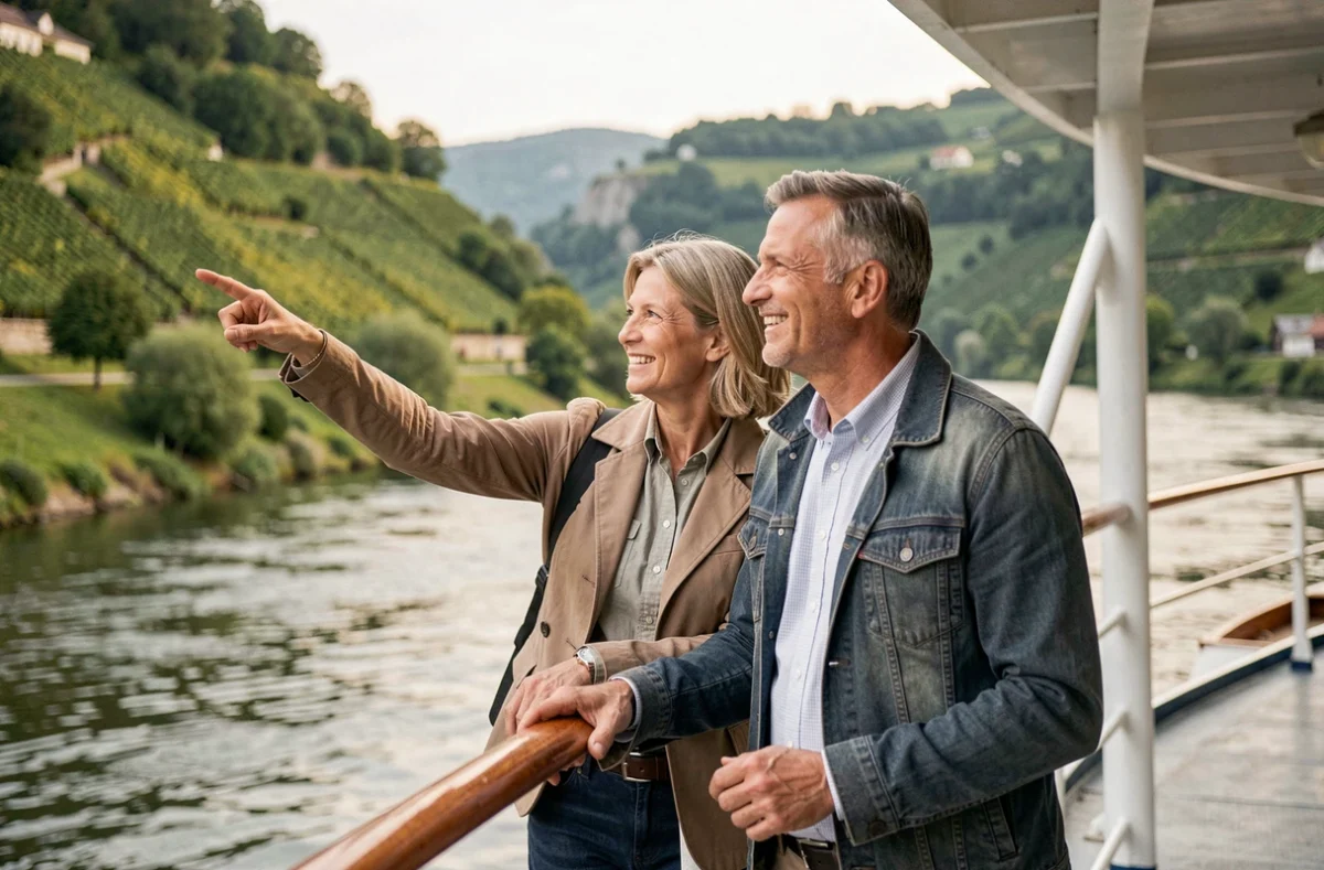 Couple sur le pont d'un bateau de croisière admirant les paysages du Rhin depuis la proue