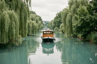 Croisière en bateau sur le canal de Savières à Chanaz entouré de végétation verdoyante