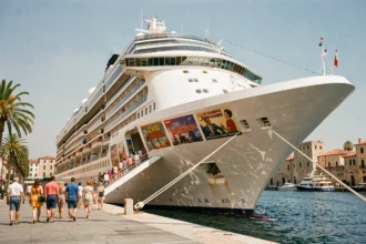 Paquebot de croisière thématique Claude François amarré dans un port méditerranéen avec passagers à bord