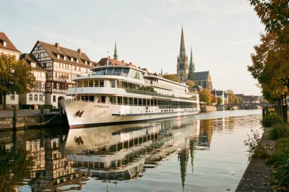 Bateau de croisière fluviale amarré sur les quais de Strasbourg avec la cathédrale en arrière-plan