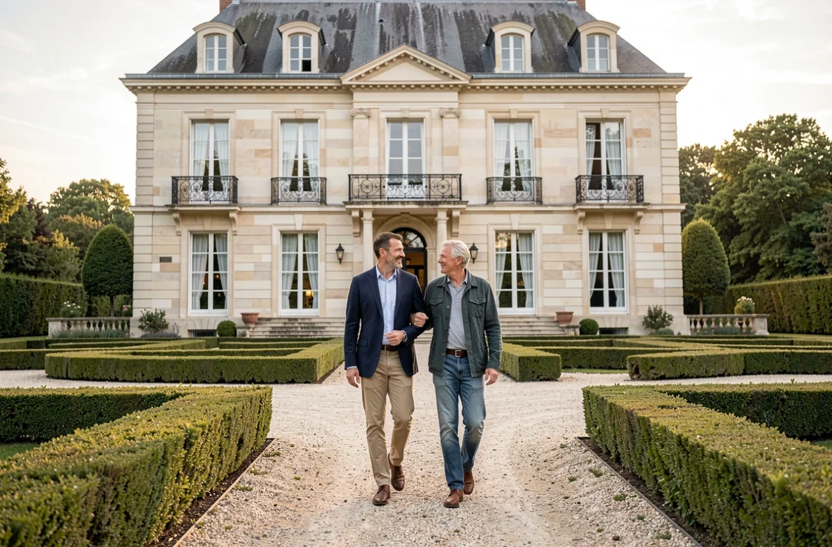 Demeure de Beaulieu, manoir bourgeois du XIXe siècle avec façade enduite, balcons en fer forgé et jardin à la française