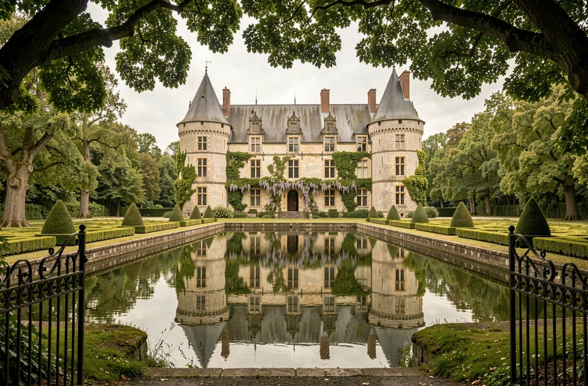 Le château médiéval du Domaine de la Bretesche et son reflet dans les douves entourées de forêt bretonne