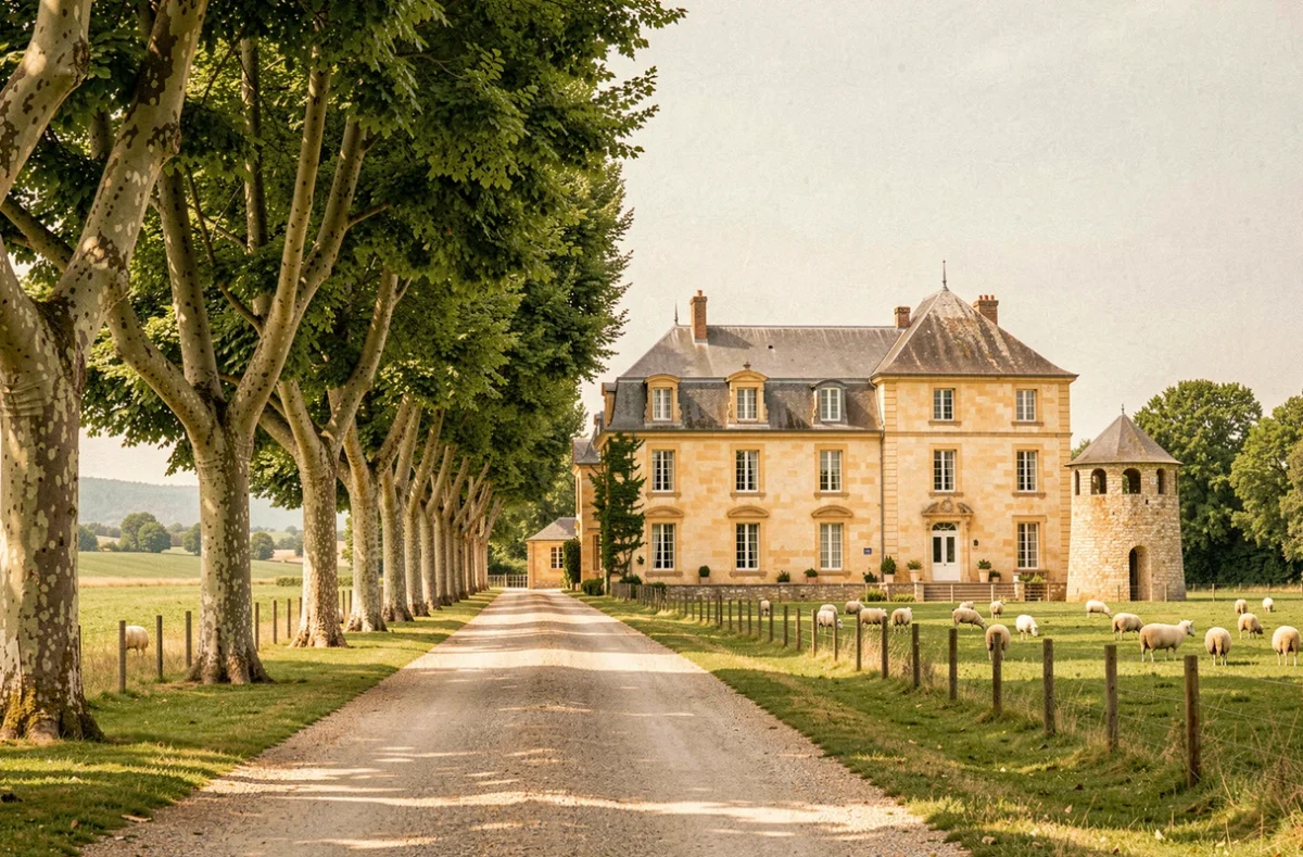 Domaine de Selhac, allée de platanes menant à un manoir en pierre dorée avec pigeonnier et prés clôturés