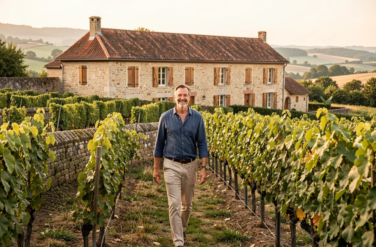 Le Domaine des Gelinières avec sa longue maison en pierre, ses volets en bois et ses rangées de vignes en Pays de la Loire
