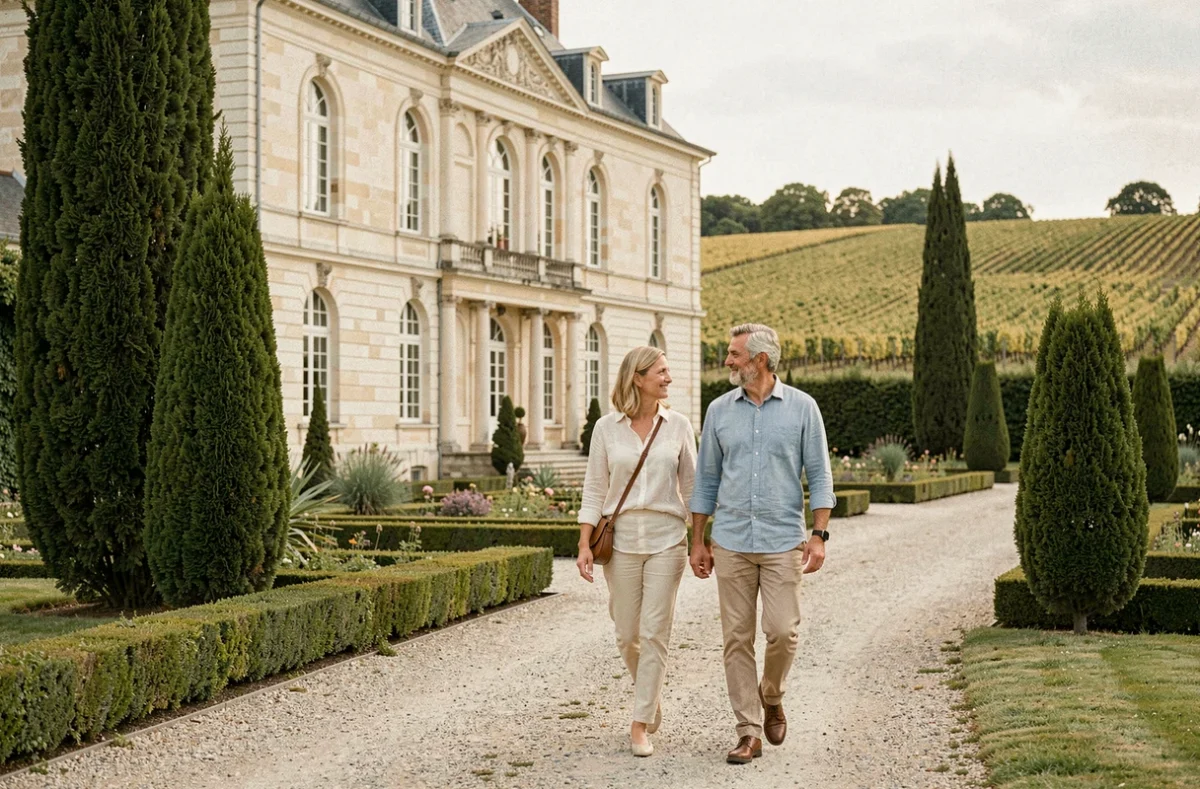 Façade du Domaine Lassalle à Saint-Créac dans le Gers, manoir en pierre calcaire avec allée de cyprès et jardin en terrasses