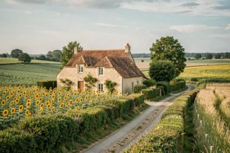 Paysage de campagne typique des Pays de la Loire avec un gîte en pierre entouré de prairies verdoyantes et de champs de tournesols