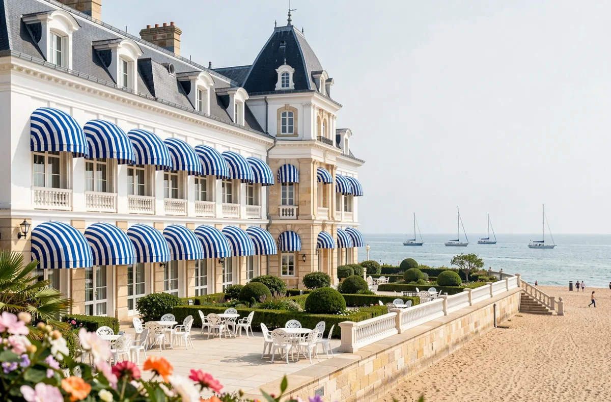 Façade palatiale du Grand Hôtel Barrière de Dinard avec ses auvents bleus et sa terrasse face à la mer